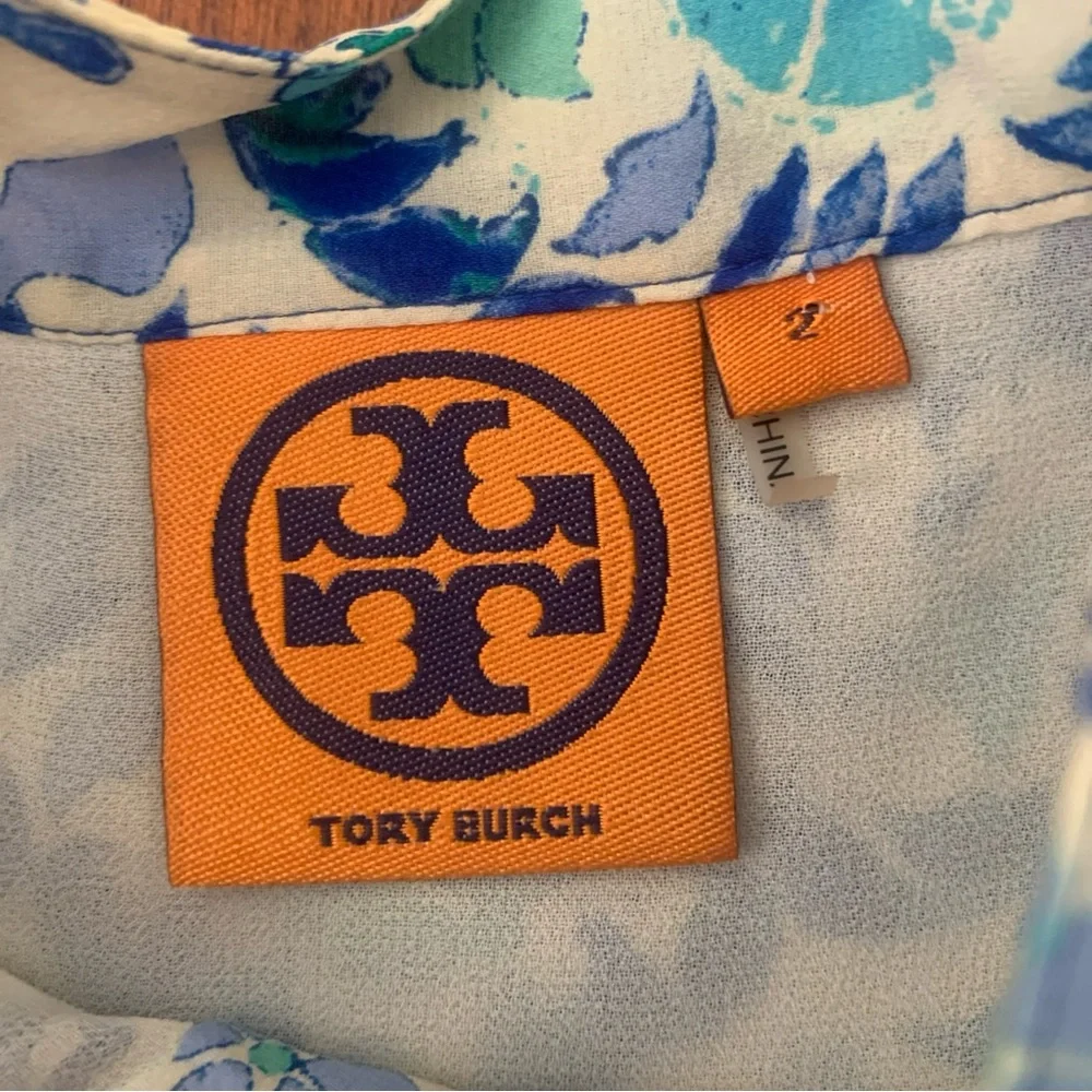 Tory Burch Top Size 2 Silk Floral Print Pompom Trim Button Up Blouse Blue White